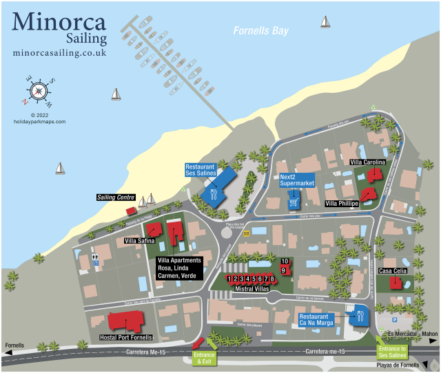 An easy to read map of Ses Salines, in Menorca. The village is located on the western shore of Fornells Bay.