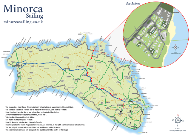 An overview map of menorca with the suggested route to Ses Salines indicated